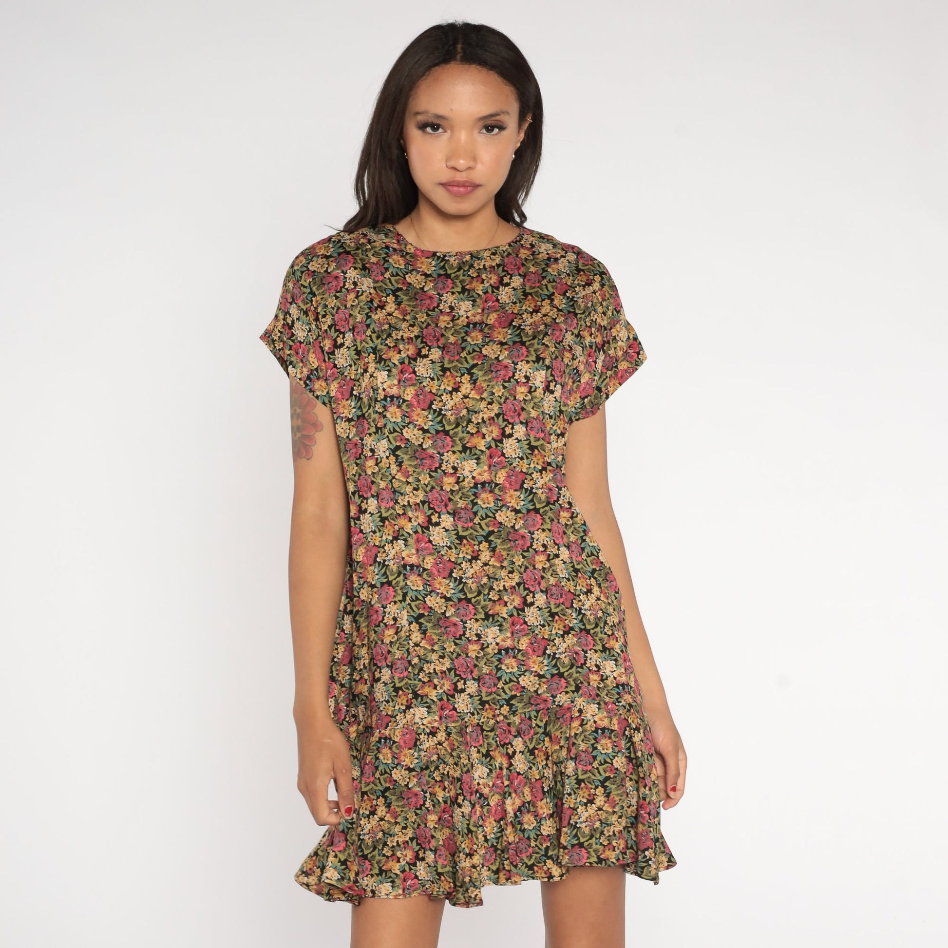 90s Floral Mini Dress Drop Waist Ruffle Short Sleeve Pink Green Large L