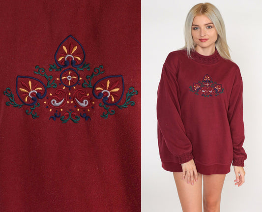90s Hunt Club Embroidered Leaf Sweatshirt Burgundy Paisley Crewneck Large