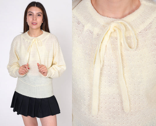 80s Cream Pointelle Knit Sweater Bow Neck Cutout Small