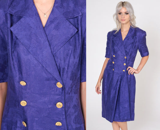 80s Albert Nipon Purple Linen Midi Dress Embossed Floral Wrap Button-Up Puff Sleeve Medium 8