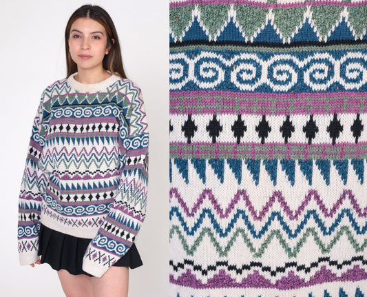 Y2K Geometric Striped Pullover Sweater White Jacquard Knit Extra Large XXL