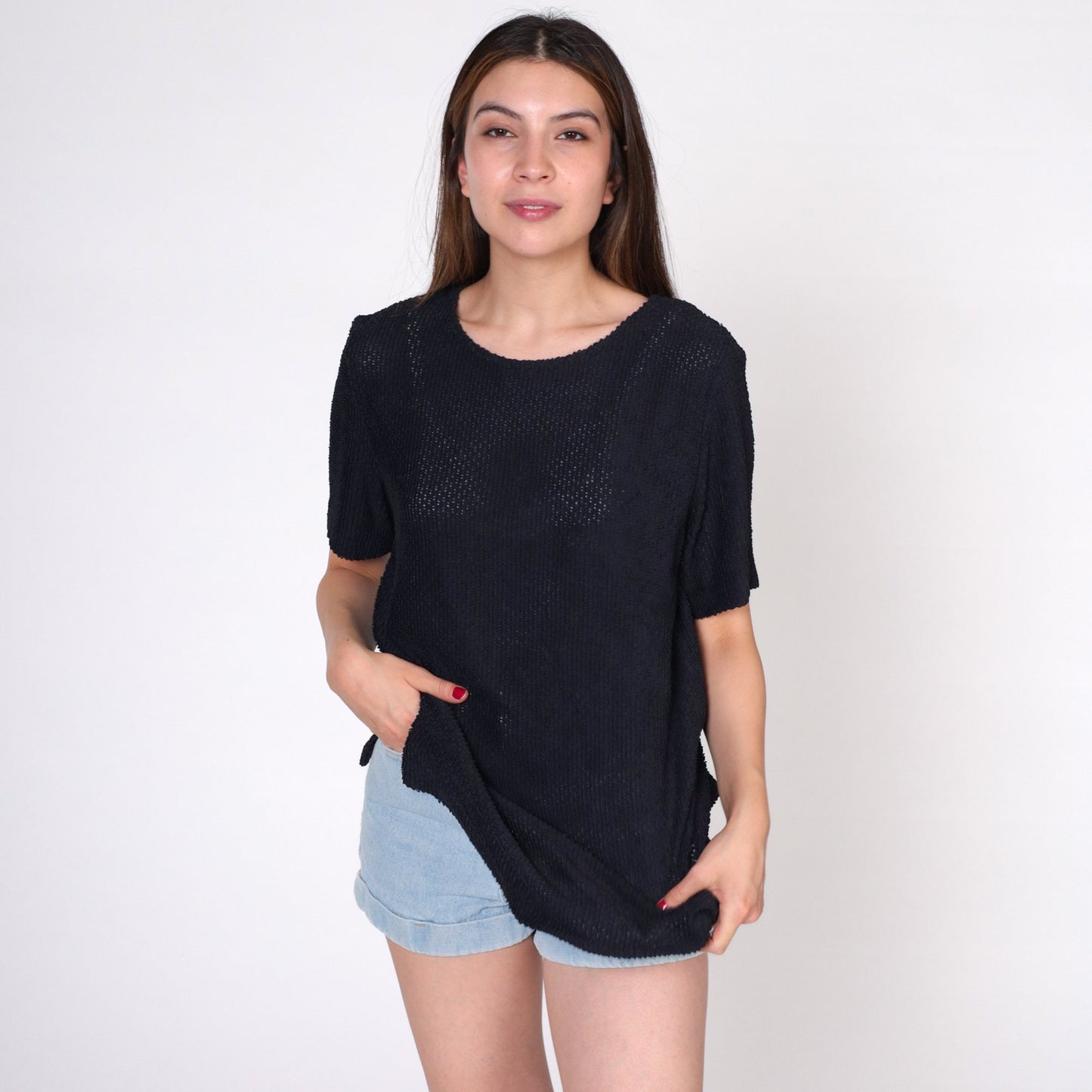 90s Black Sheer T-Shirt Textured Crewneck Short Sleeve Medium