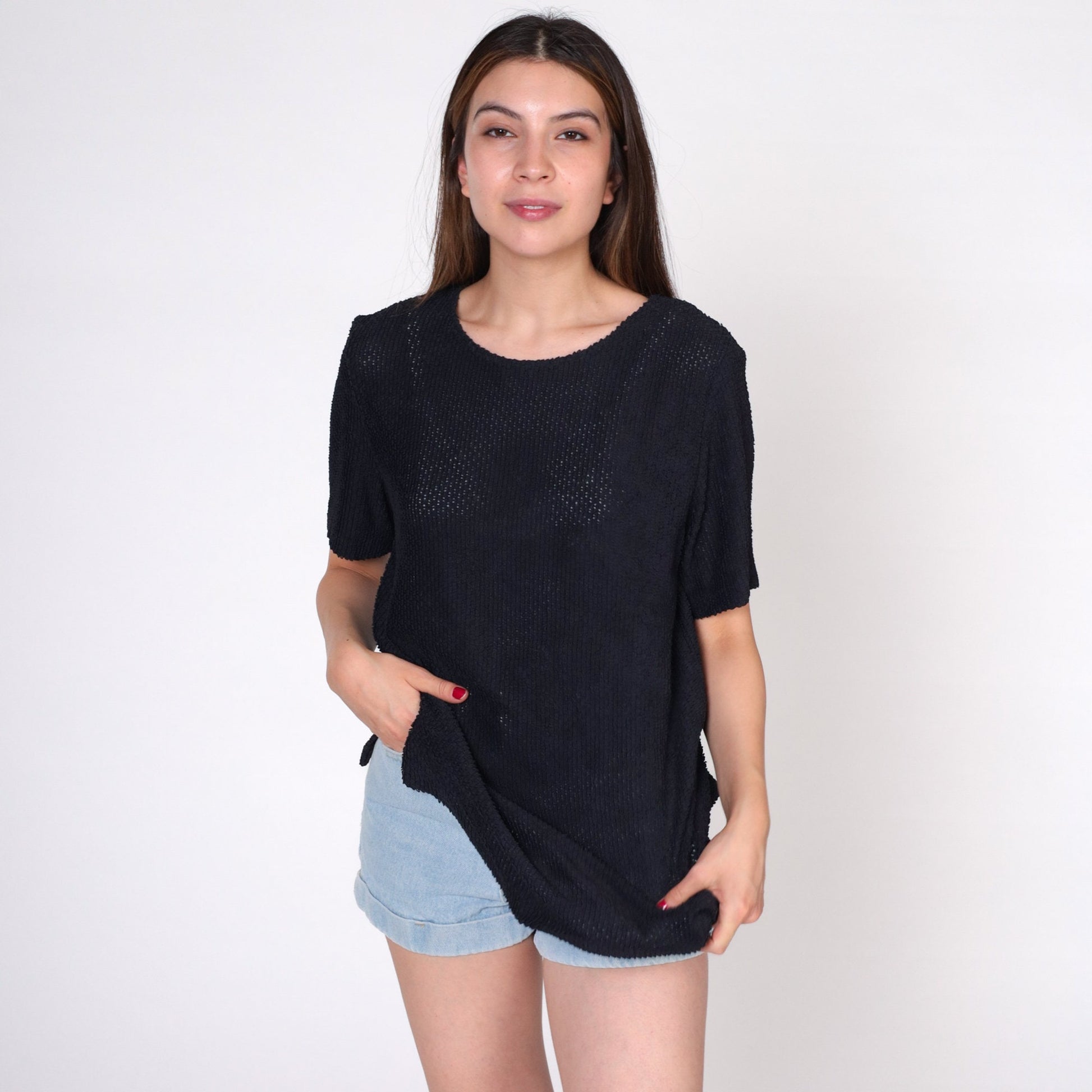 90s Black Sheer T-Shirt Textured Crewneck Short Sleeve Medium