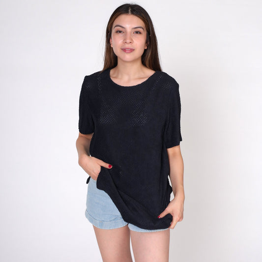 90s Black Sheer T-Shirt Textured Crewneck Short Sleeve Medium
