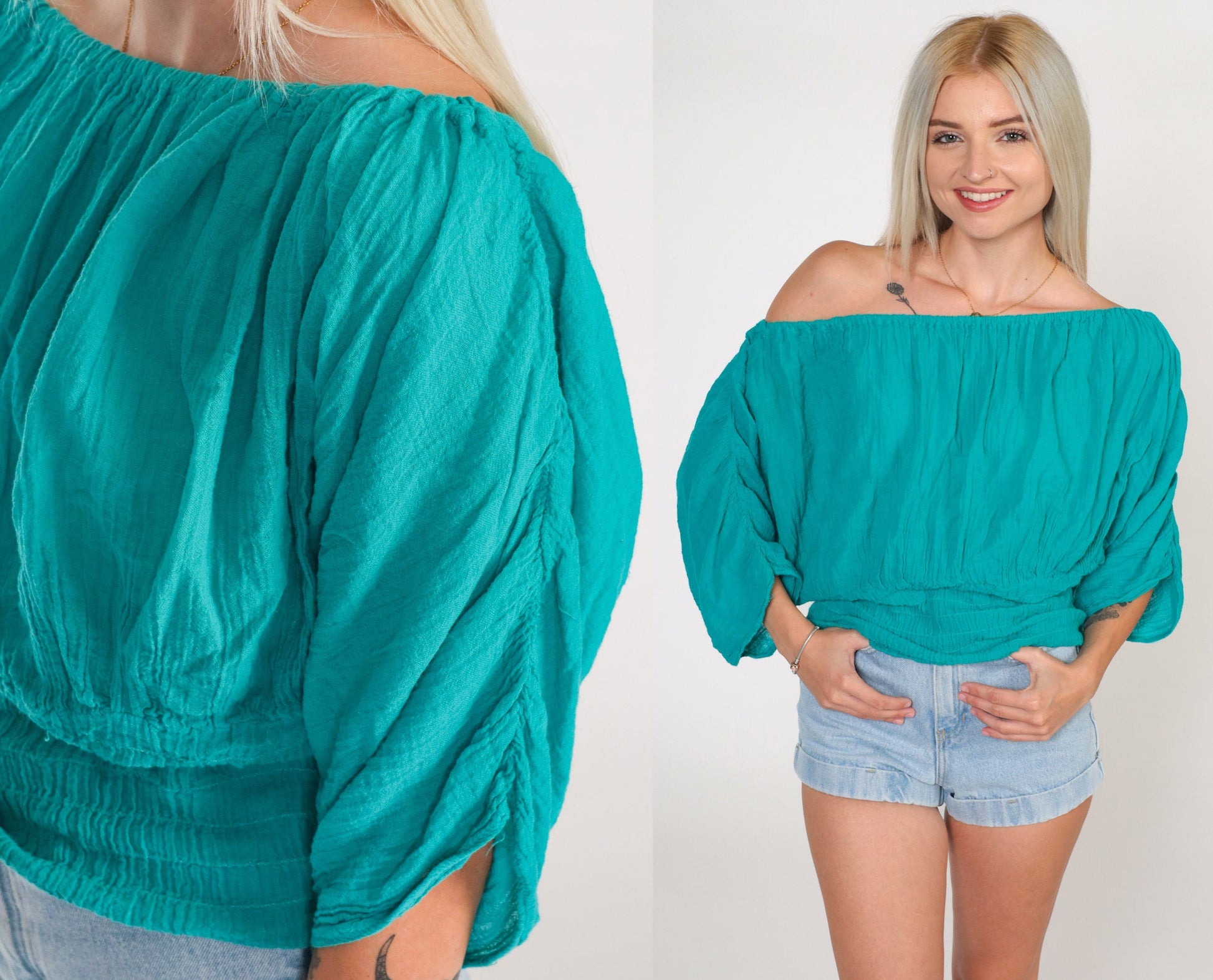 90s Teal Off-Shoulder Smocked Peasant Blouse Ruched Half-Sleeve Small Medium