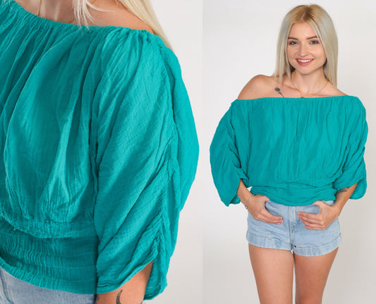90s Teal Off-Shoulder Smocked Peasant Blouse Ruched Half-Sleeve Small Medium