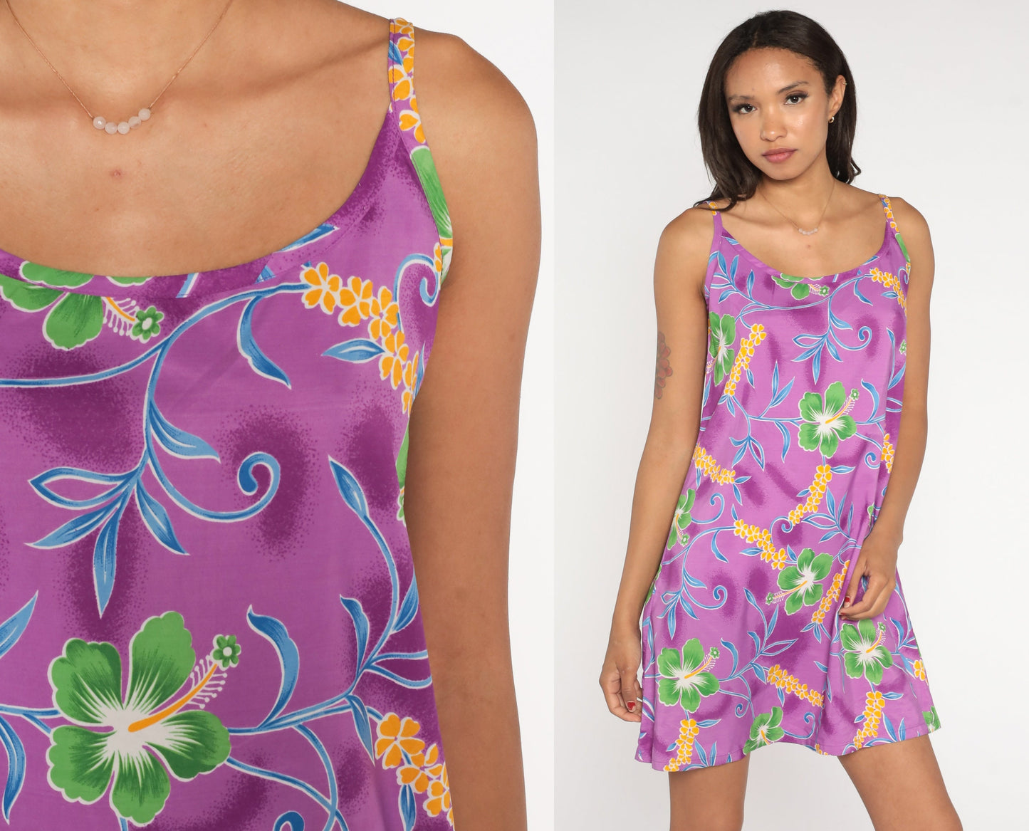 90s Purple Tropical Floral Mini Dress Sleeveless Sundress Small S