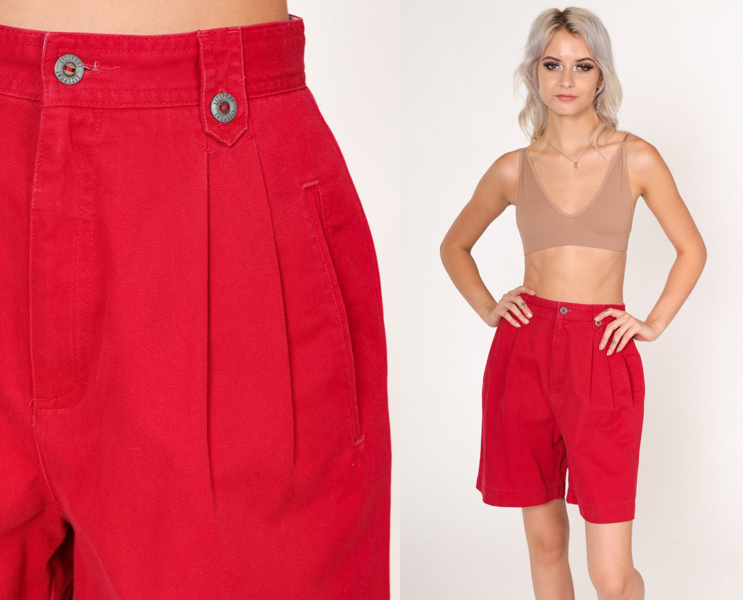 90s Liz Claiborne Red Pleated High-Waist Shorts Cotton Extra Small