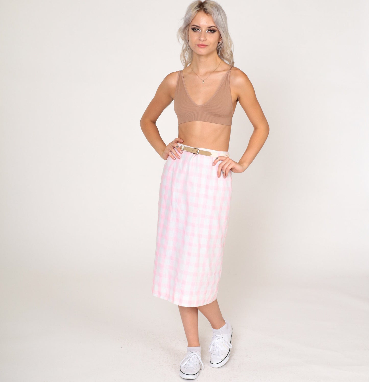 60s Pink Gingham Midi Skirt High Waisted Belted Pencil Extra Small XS