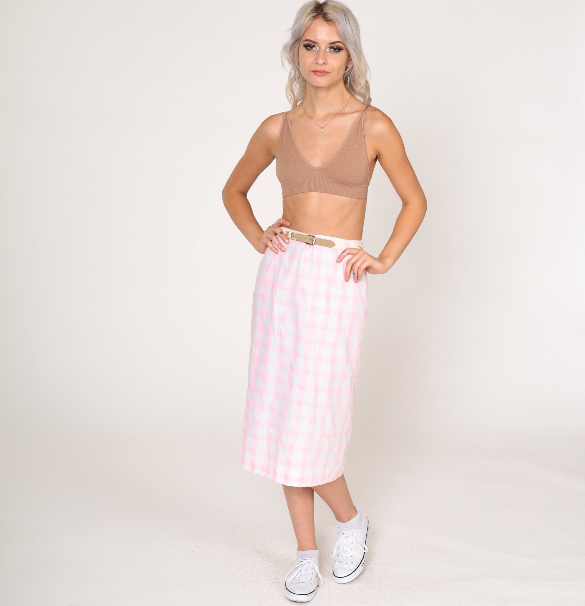 60s Pink Gingham Midi Skirt High Waisted Belted Pencil Extra Small XS