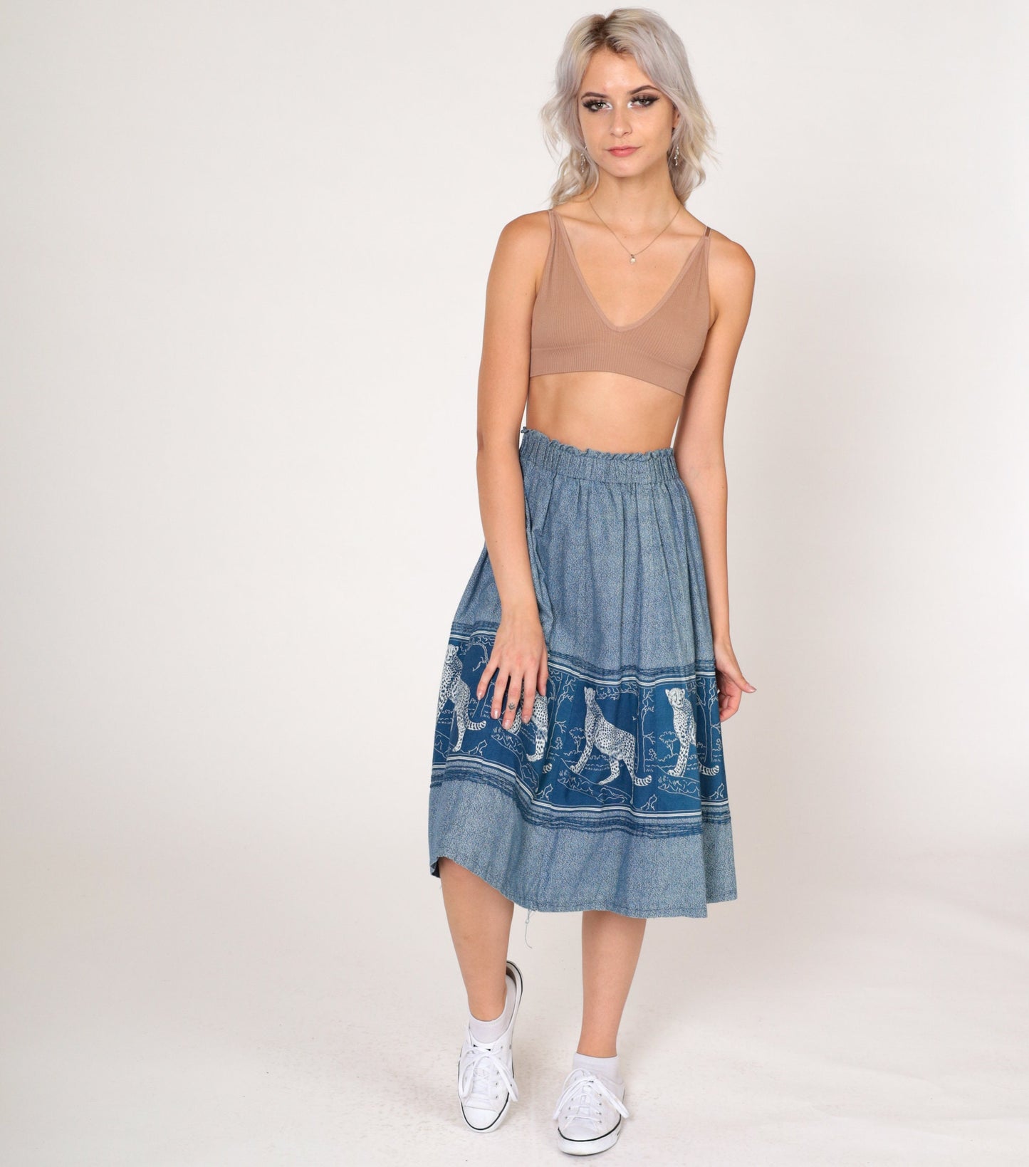 80s Leopard Print Midi Skirt Blue Jungle Cat A-Line High Waist Extra Small