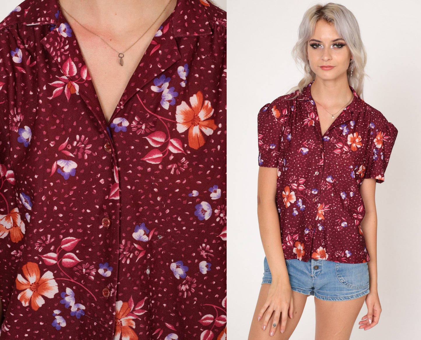 70s Burgundy Floral Puff Sleeve Button-Up Blouse Dot Print Medium
