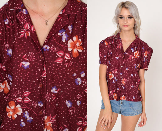 70s Burgundy Floral Puff Sleeve Button-Up Blouse Dot Print Medium