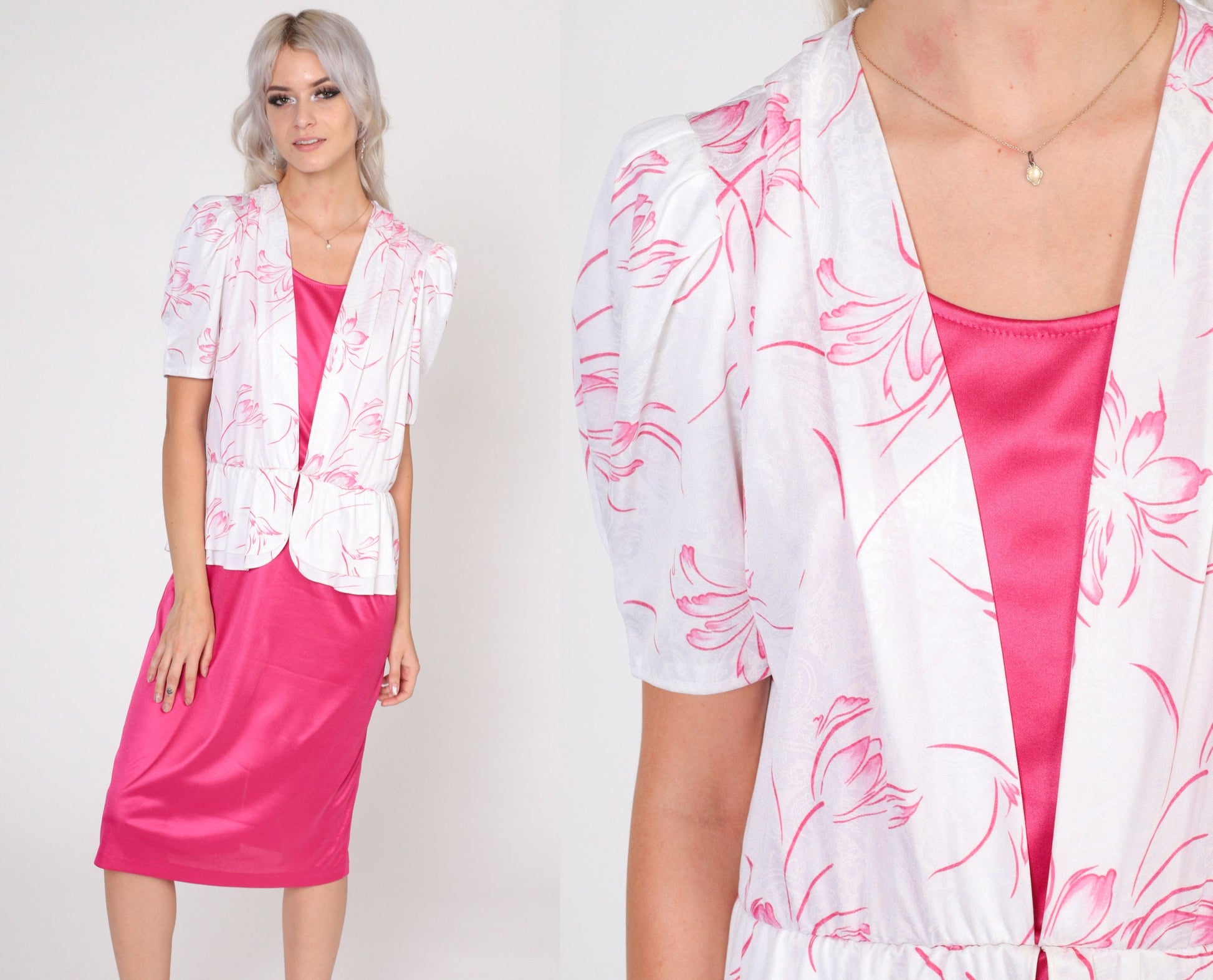 80s Pink Floral Midi Dress with Attached White Blouse Puff Sleeve Small