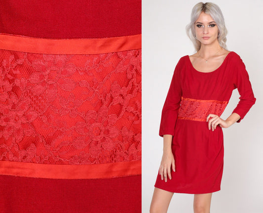 60s Red Wool Mini Dress Empire Waist Floral Lace Long Sleeve Small