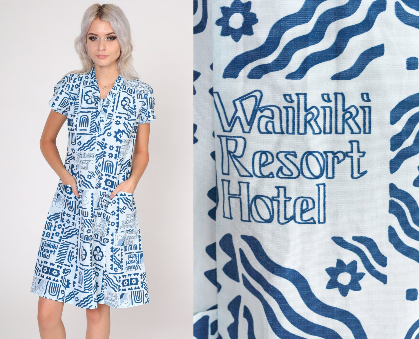 70s Waikiki Hotel Resort Print Mini Dress Blue Puff Sleeve Small