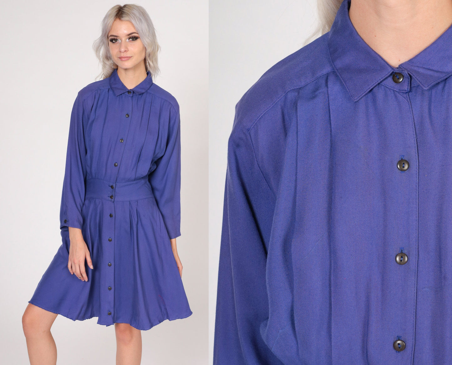 80s Moda International Purple Mini Dress Button-Up Collared High-Waisted Small