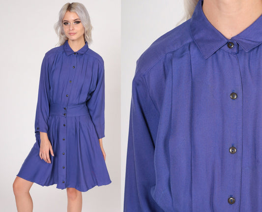 80s Moda International Purple Mini Dress Button-Up Collared High-Waisted Small