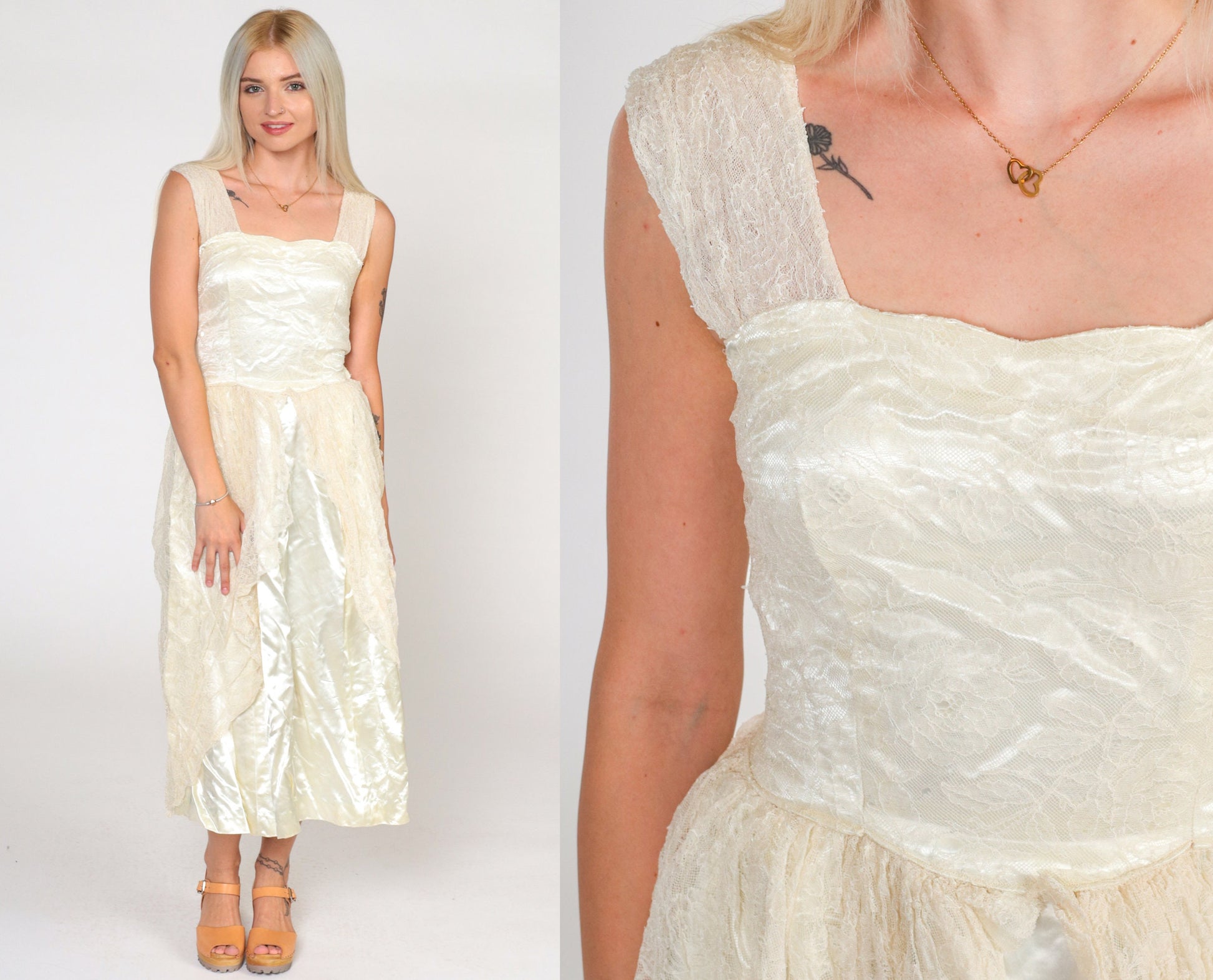 1960s Cream Lace Satin Midi Dress High Waist Sleeveless Extra Small