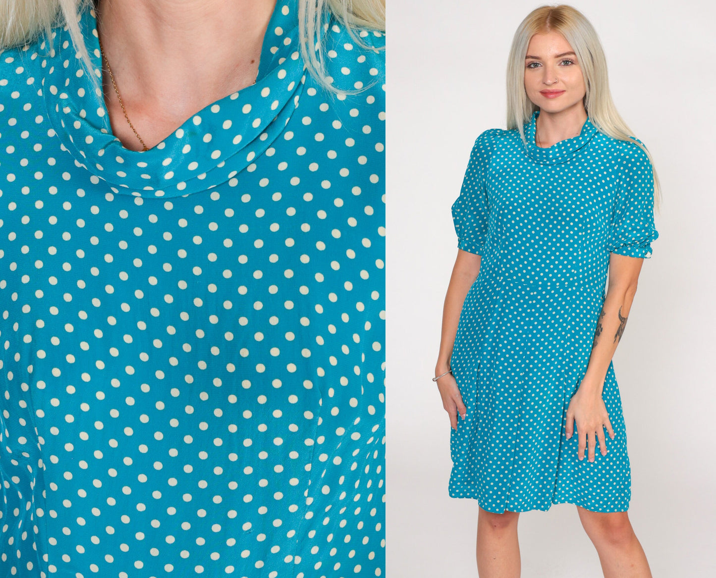 70s Blue Polka Dot Silk Shift Dress Puff Sleeve Mini High Waist Extra Small