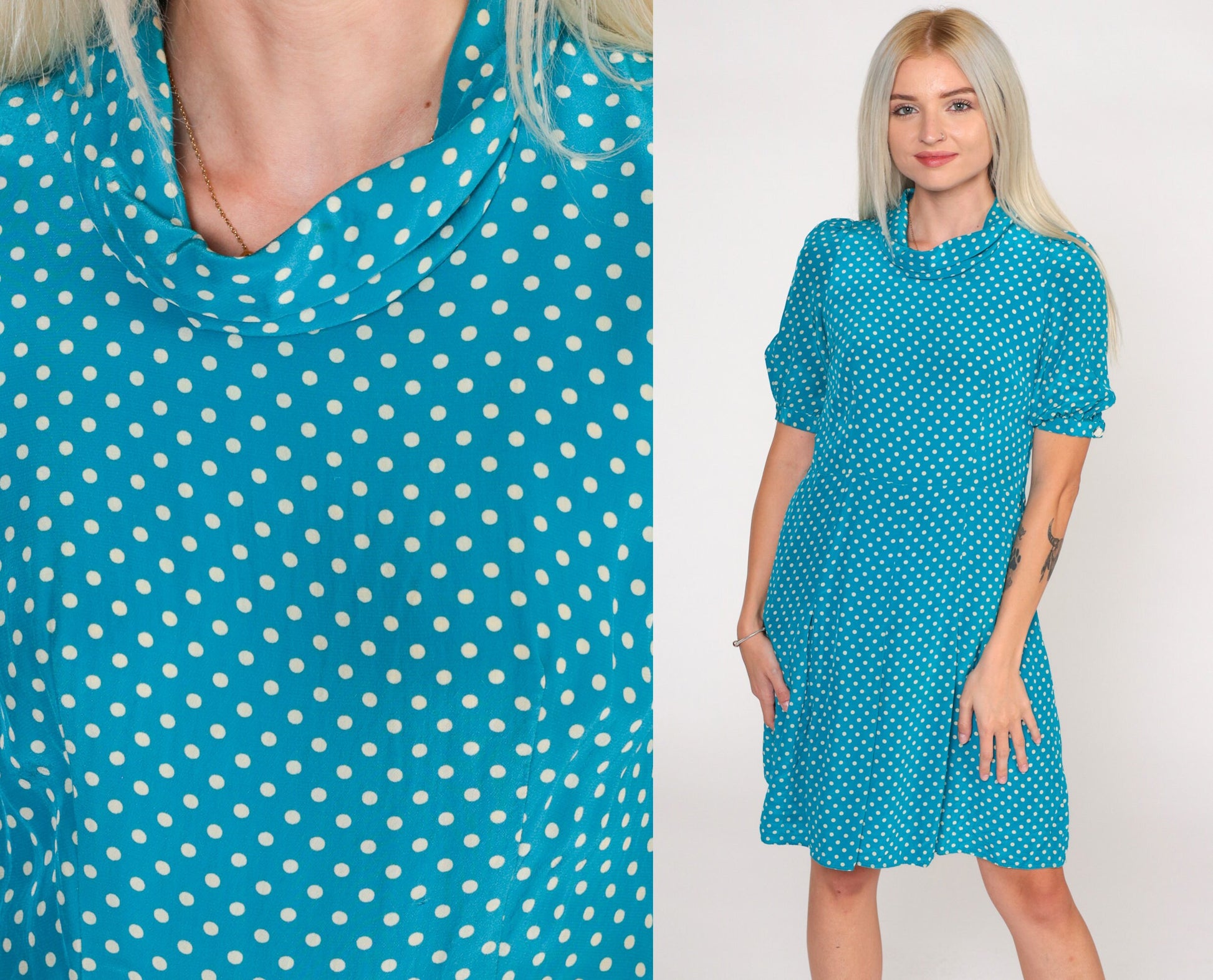 70s Blue Polka Dot Silk Shift Dress Puff Sleeve Mini High Waist Extra Small