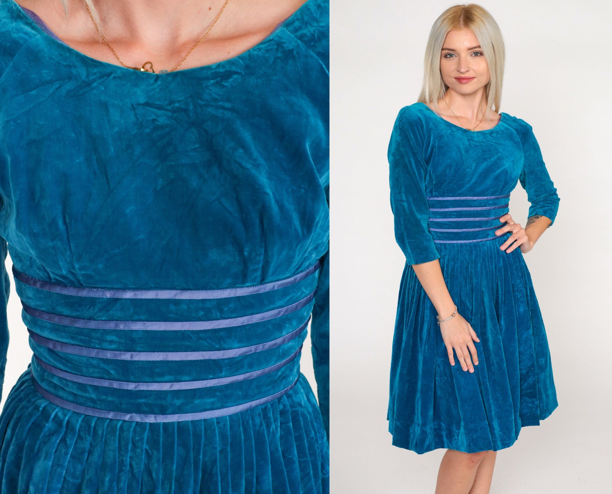 60s Blue Velvet Party Dress Empire Waist Pleated Mini 3/4 Sleeve XXS