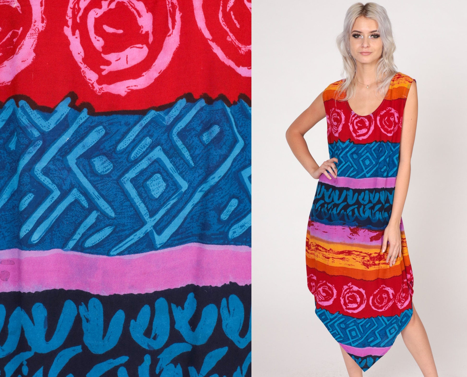 00s Meant to Be Midi Dress Sharkbite Hem Striped Abstract Print Sleeveless Large