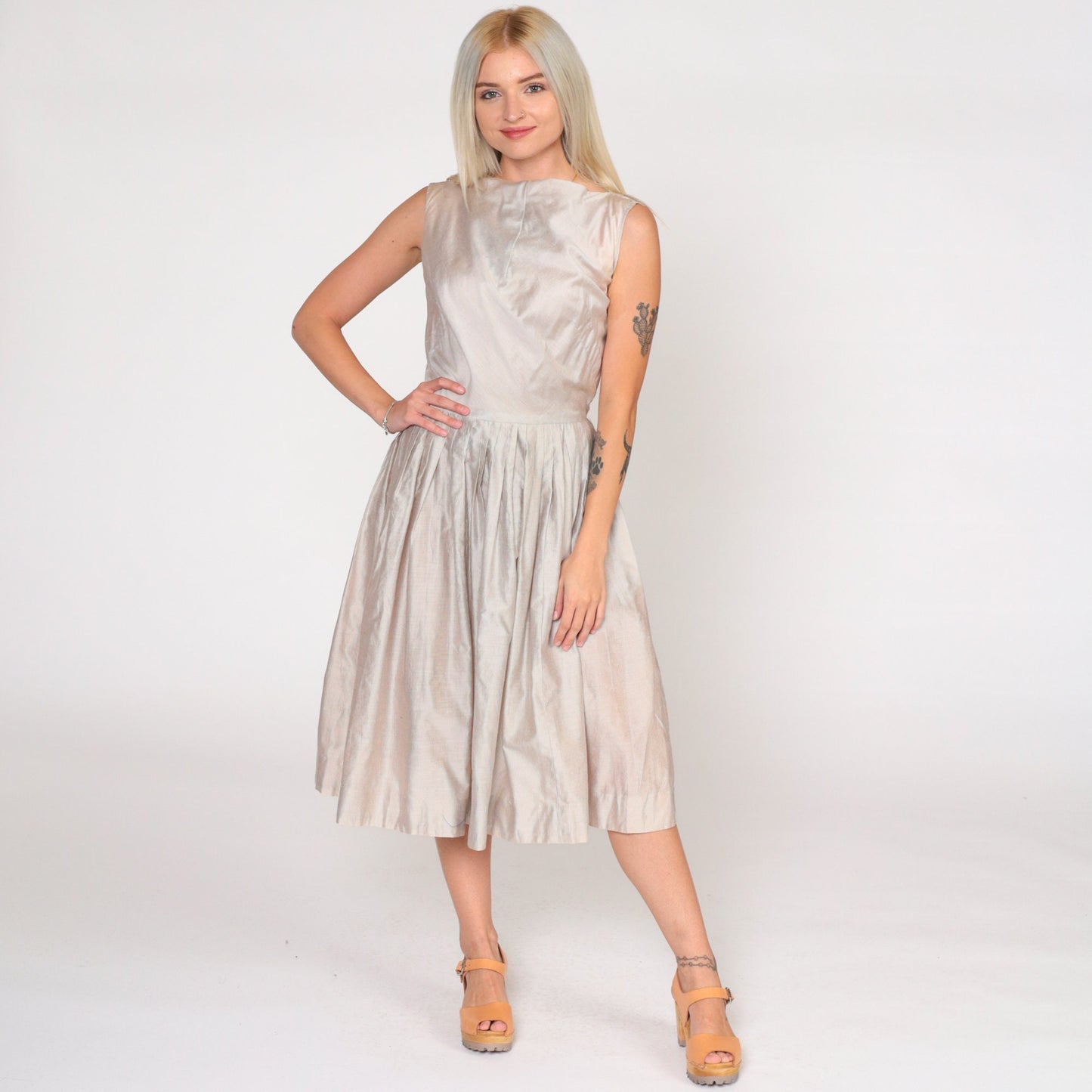 60s Frolic Time Pinstriped Pleated Midi Dress High Waist White Brown Small