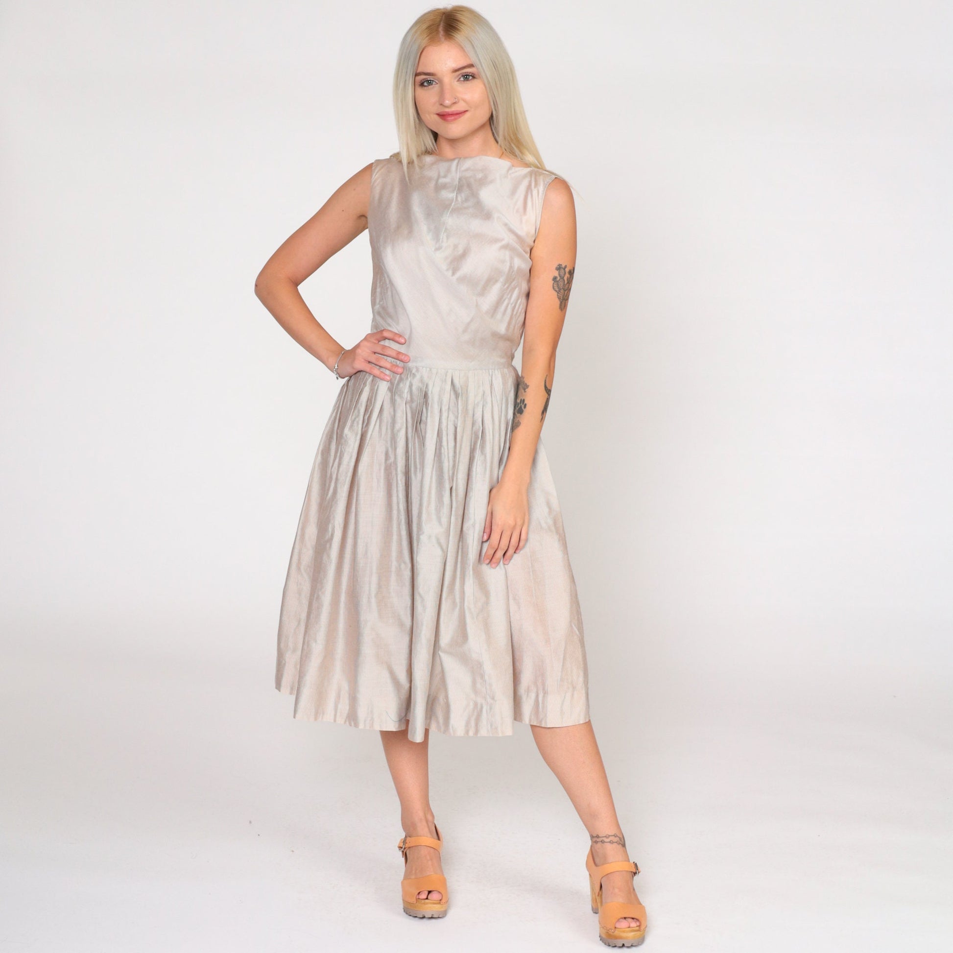 60s Frolic Time Pinstriped Pleated Midi Dress High Waist White Brown Small