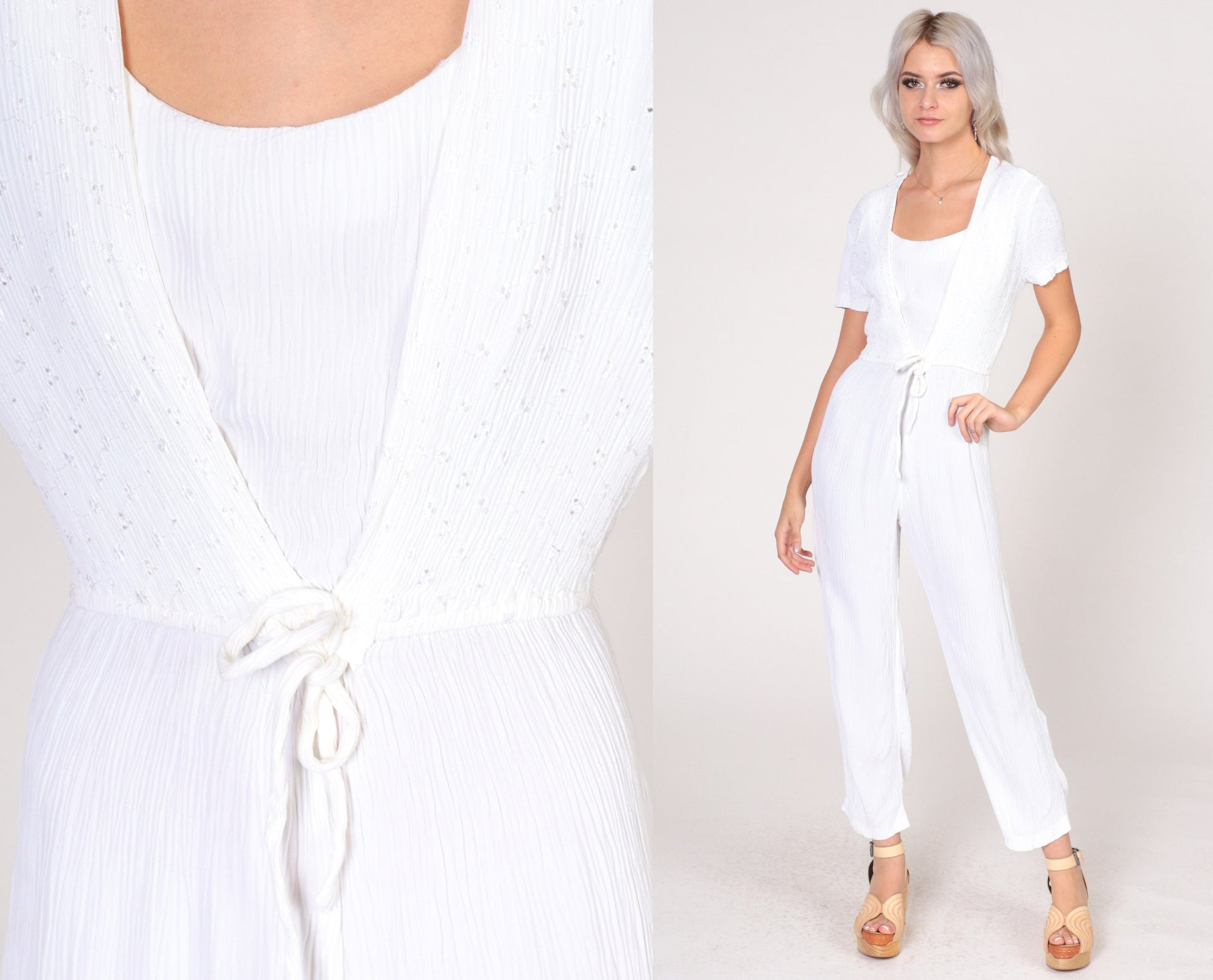90s White Floral Eyelet Jumpsuit Tie-Front Vest Short Sleeve Extra Small