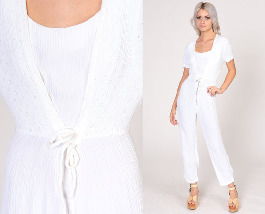 90s White Floral Eyelet Jumpsuit Tie-Front Vest Short Sleeve Extra Small