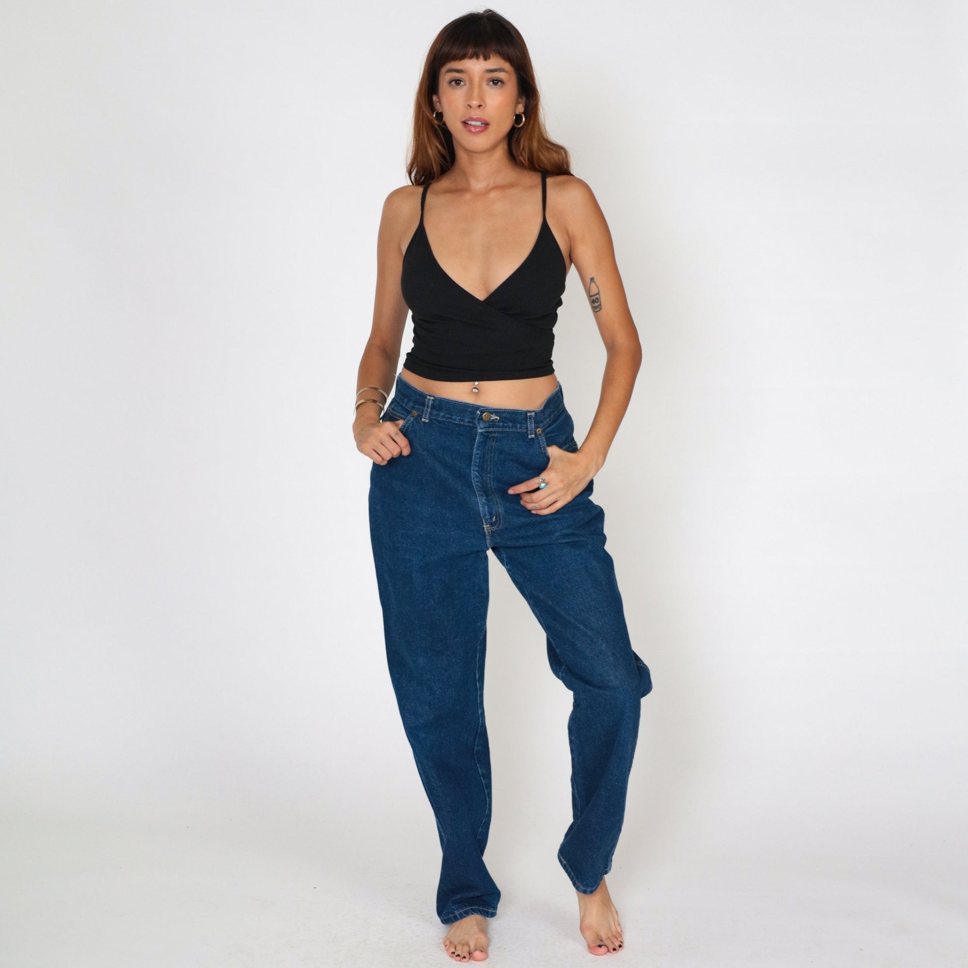 80s Dark Wash High Waisted Jeans Straight Leg Tapered Cotton Denim Medium