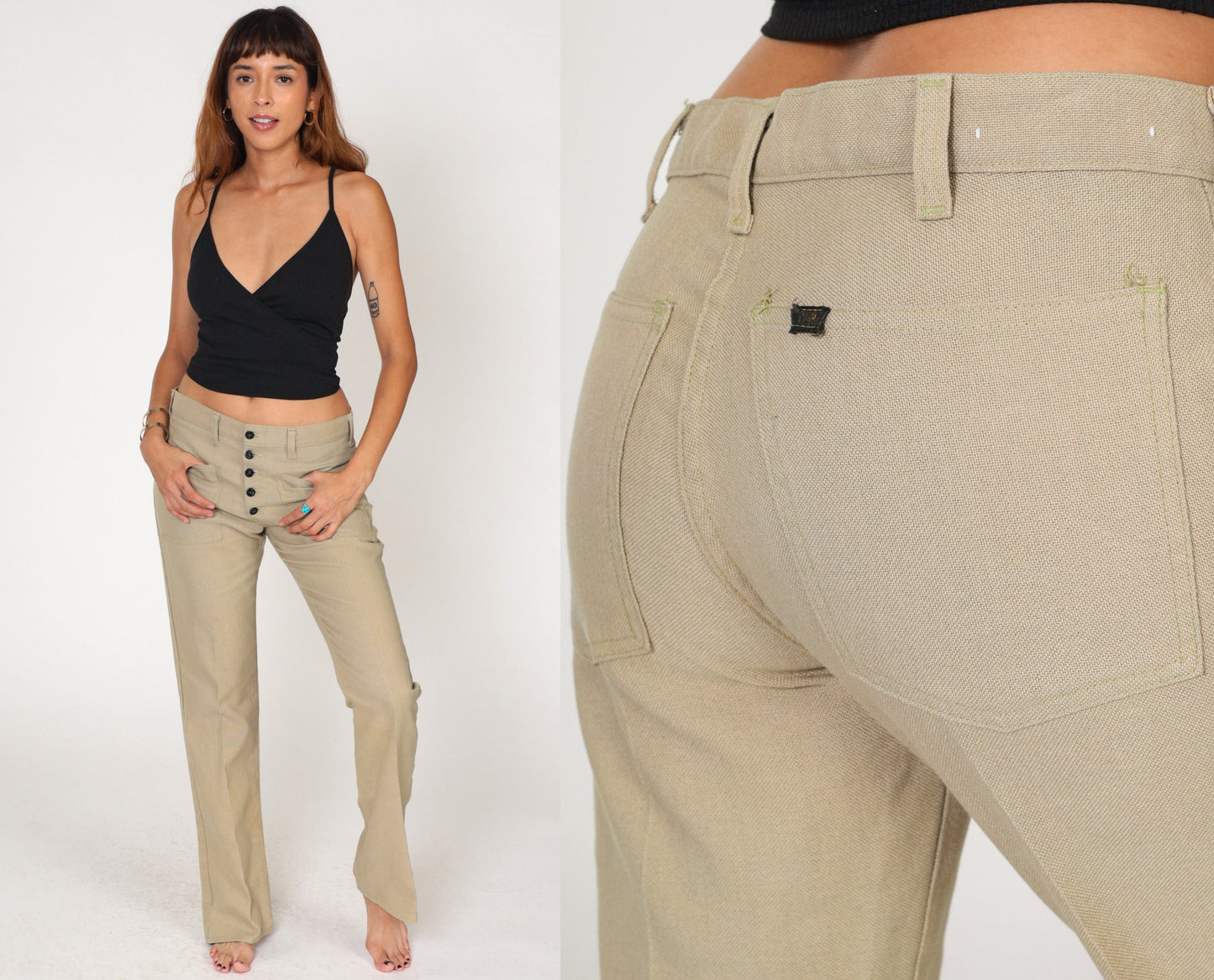 70s Tan Flared Trousers Exposed Button Fly Bell Bottom Mid Rise Medium