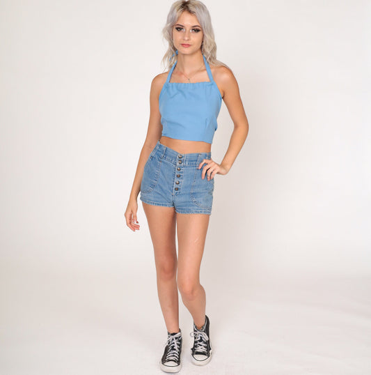 70s Baby Blue Halter Crop Top Open Back Tank Small