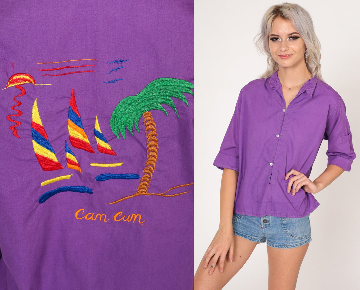 80s Cancun Embroidered Purple Button-Up Blouse Tropical Sailboat Cotton Small