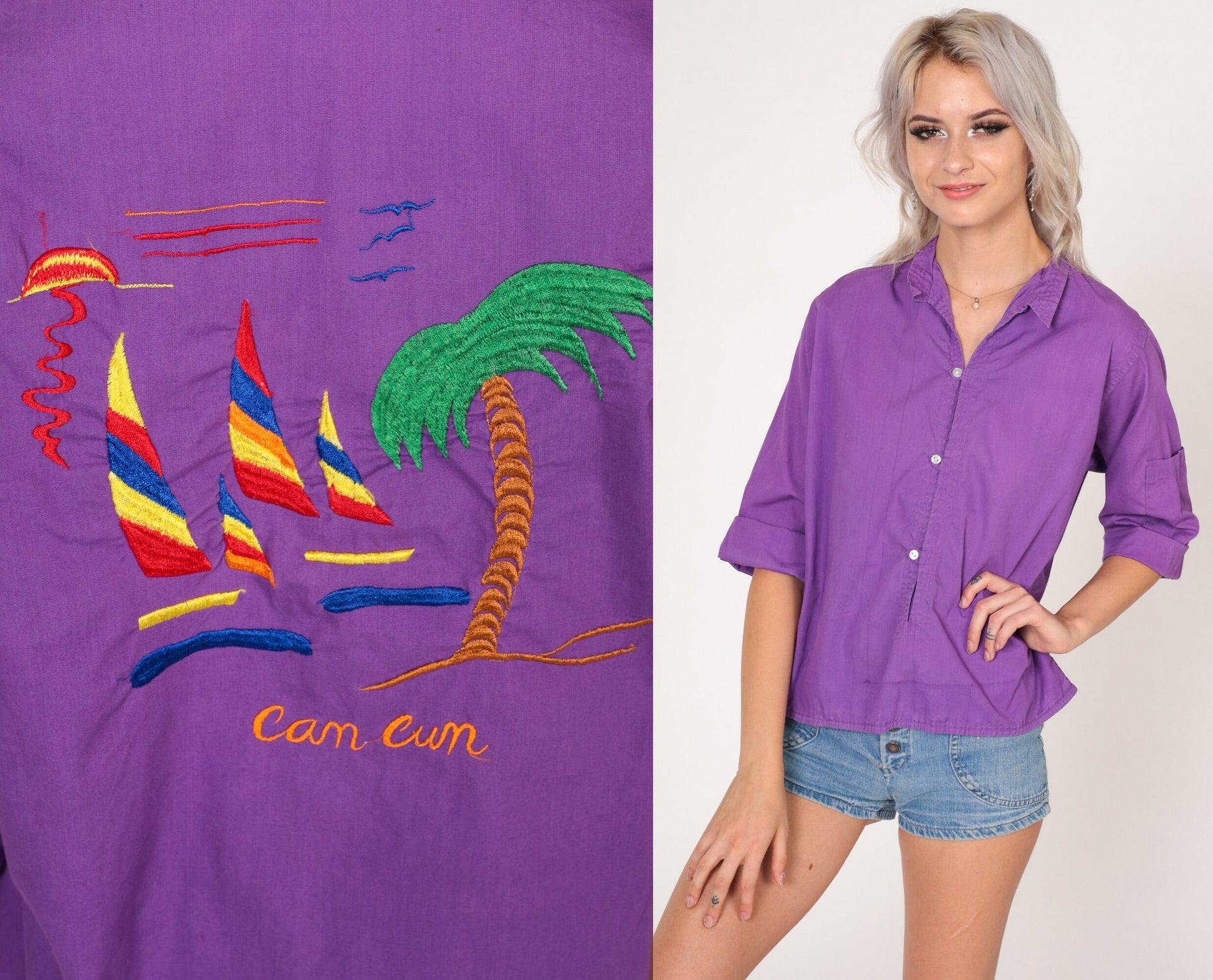 80s Cancun Embroidered Purple Button-Up Blouse Tropical Sailboat Cotton Small