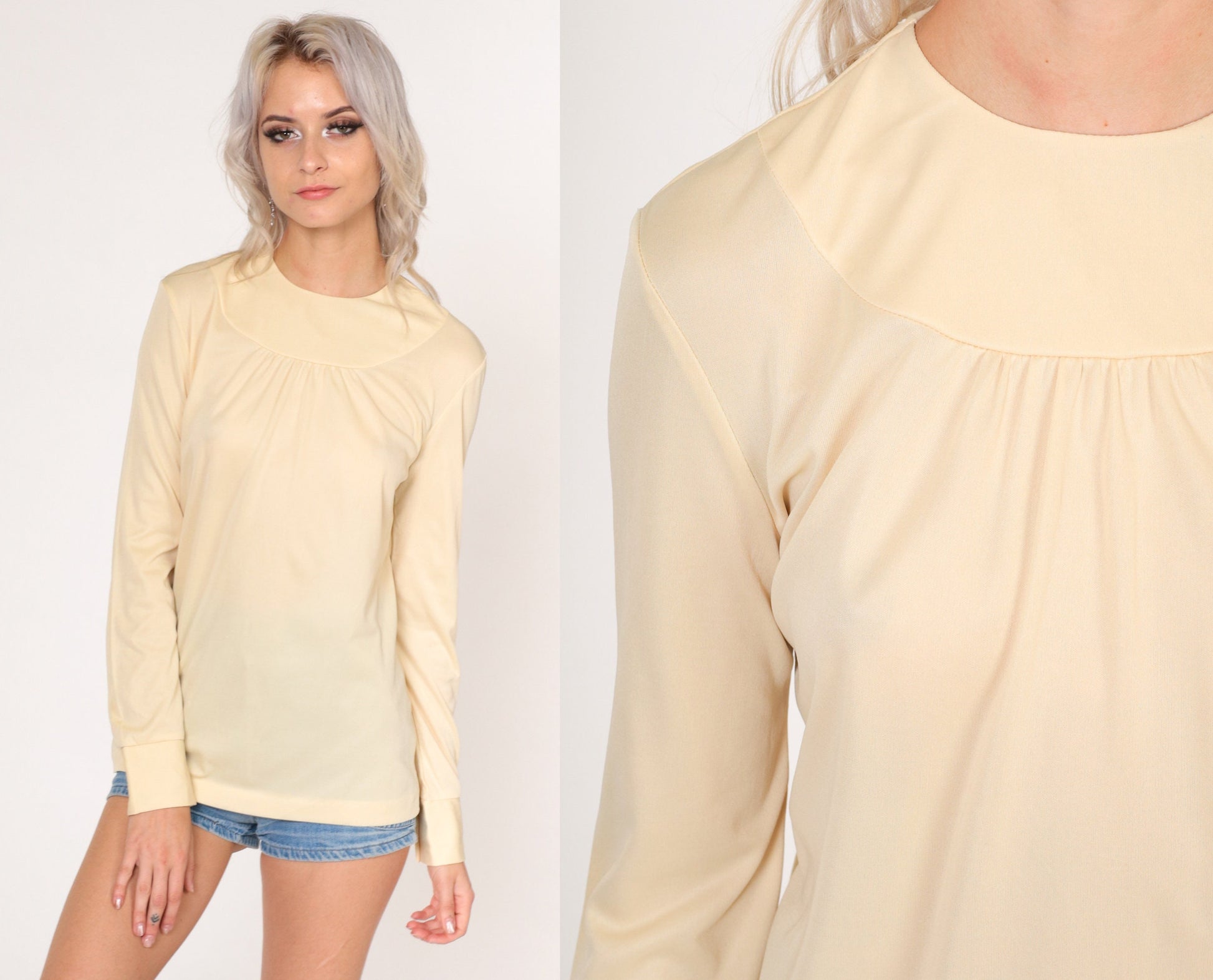70s Cream Semi-Sheer Blouse Long Sleeve Ruched Back Zip Top Small