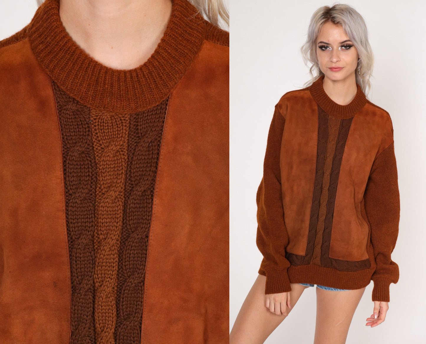 70s Cabot Brown Wool Cable Knit Sweater Faux Suede Panel Crewneck Medium