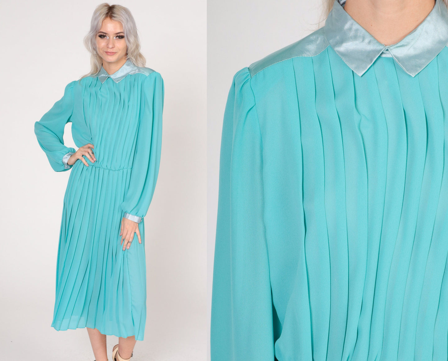 70s Aqua Blue Pleated Midi Dress Collared Puff Sleeve High Waisted Large L