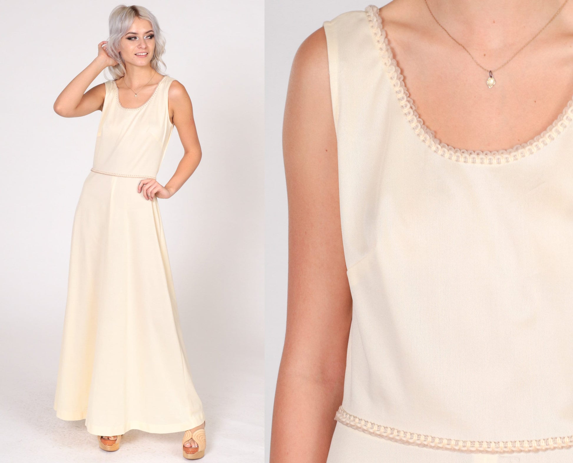 70s Cream Maxi Dress Sleeveless High Waist Scalloped Trim Small