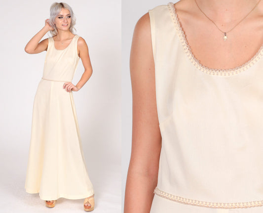 70s Cream Maxi Dress Sleeveless High Waist Scalloped Trim Small