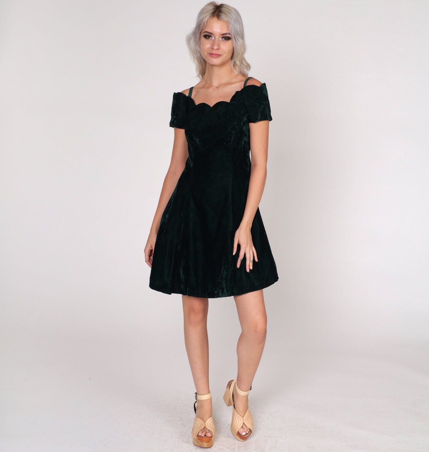 90s Dark Green Velvet Mini Dress Scalloped Off-Shoulder Small