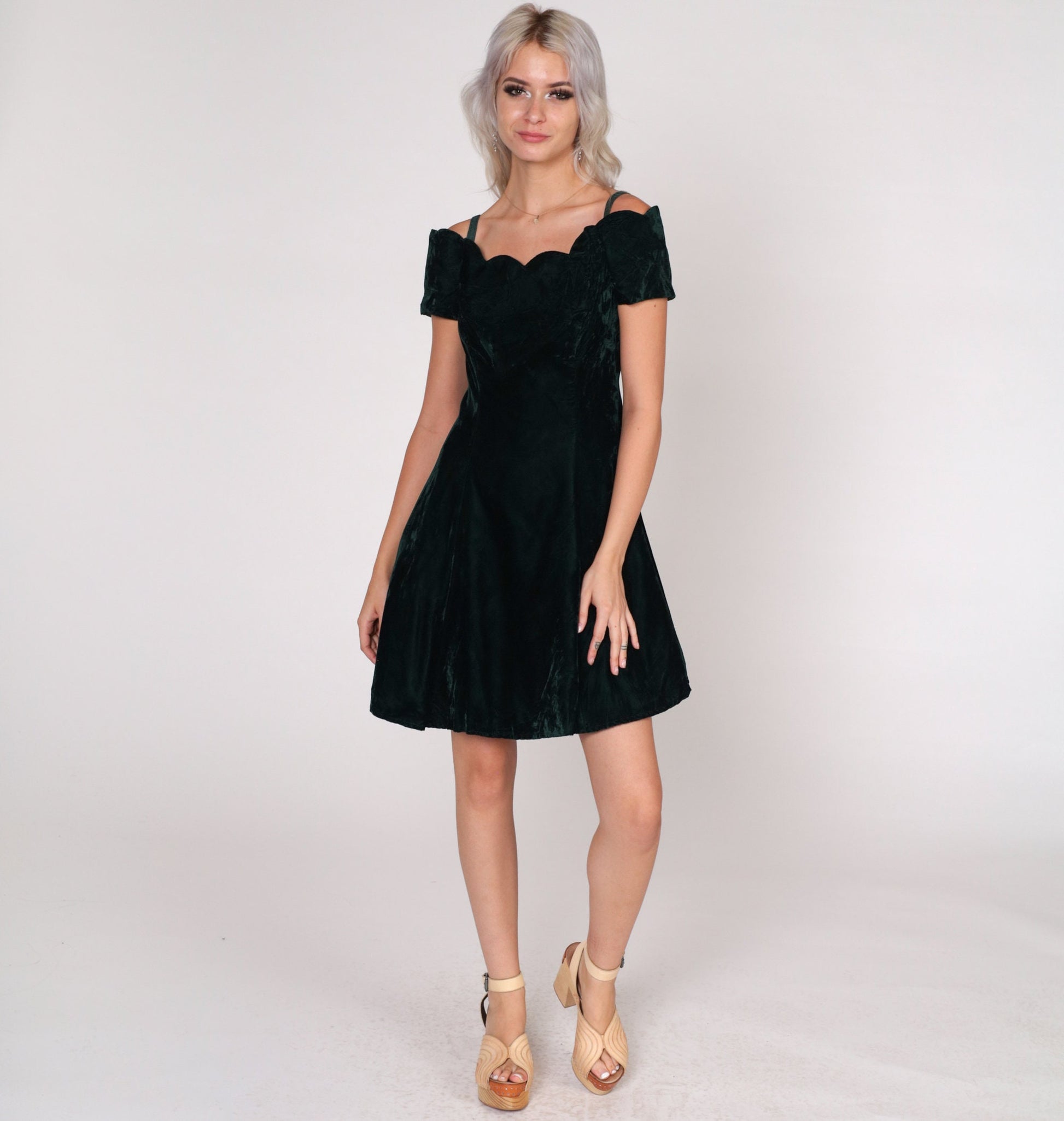 90s Dark Green Velvet Mini Dress Scalloped Off-Shoulder Small