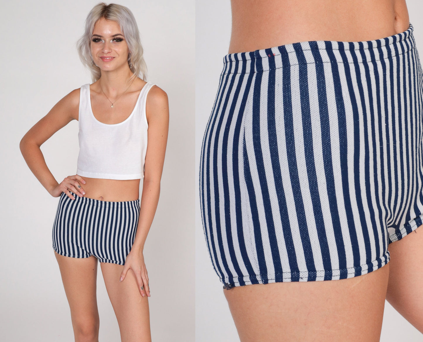 70s Striped Hotpants Blue Grey Shorts Elastic Waist XXS