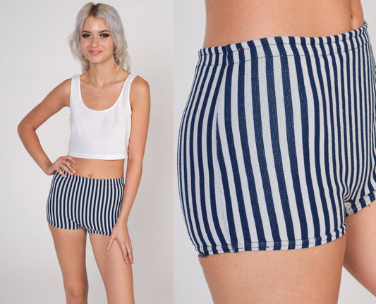 70s Striped Hotpants Blue Grey Shorts Elastic Waist XXS