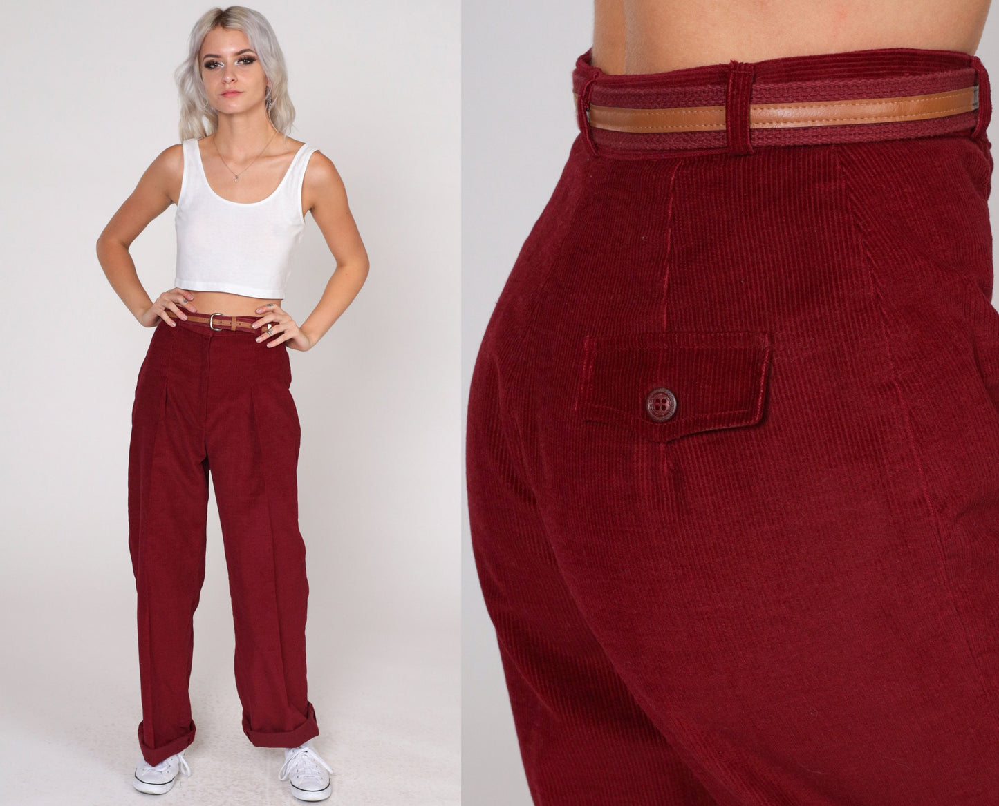 70s Bobbie Brooks Dark Red Corduroy Pants Pleated High Waist Straight Leg Extra Small