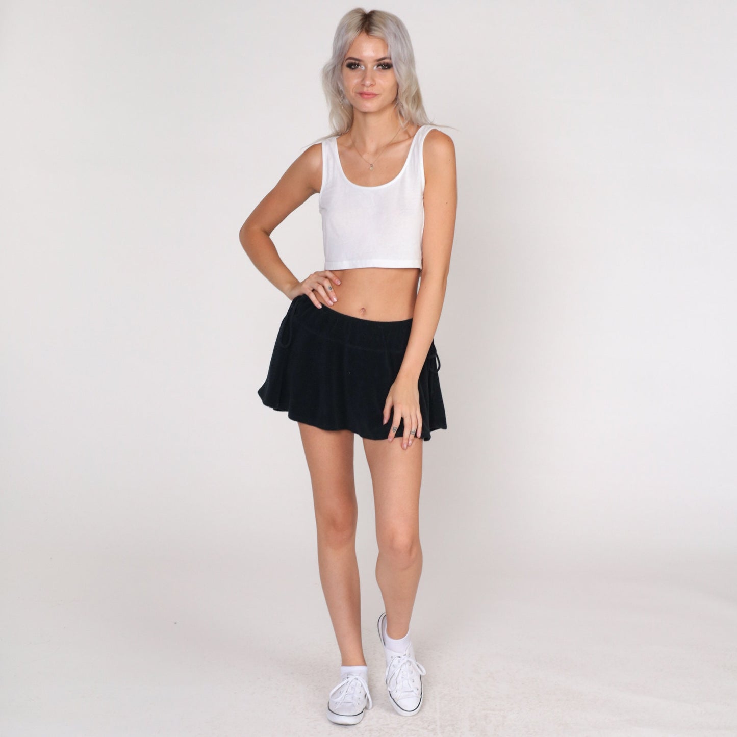 00s Black Terrycloth Micro Mini Skirt Lace-Up Sides Y2K Medium