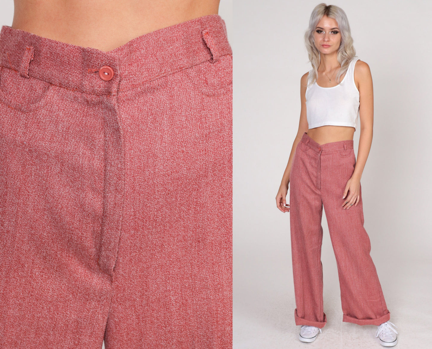 70s Heather Red High-Waisted Wide Leg Trousers Cuffed Straight Small S