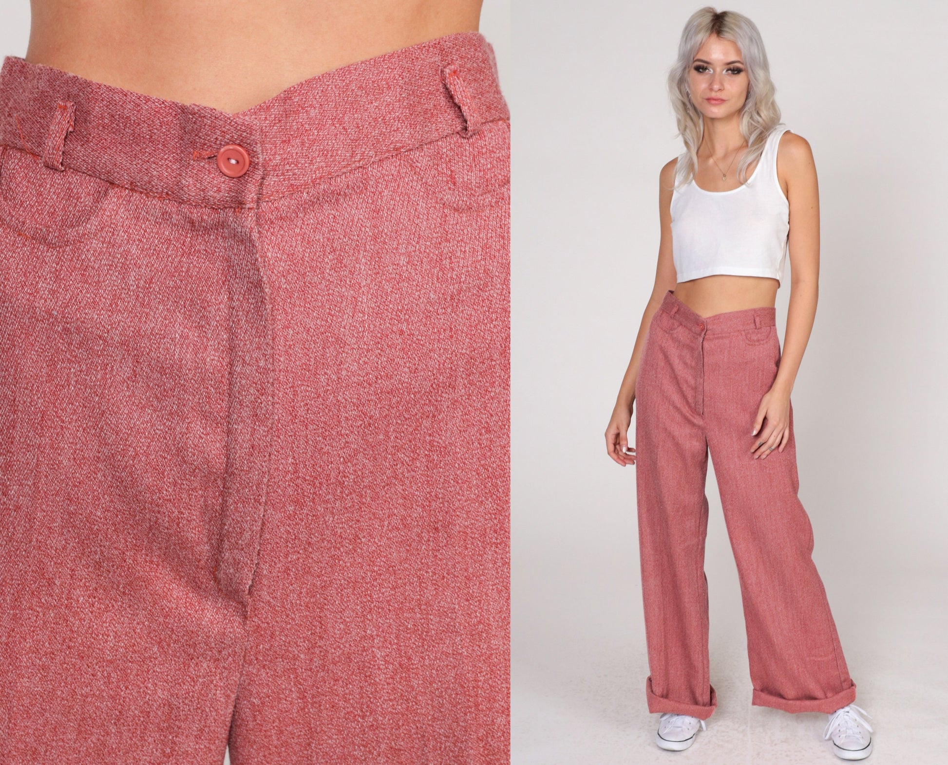70s Heather Red High-Waisted Wide Leg Trousers Cuffed Straight Small S