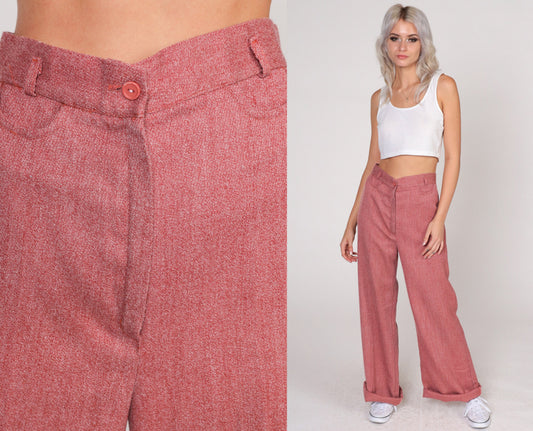 70s Heather Red High-Waisted Wide Leg Trousers Cuffed Straight Small S